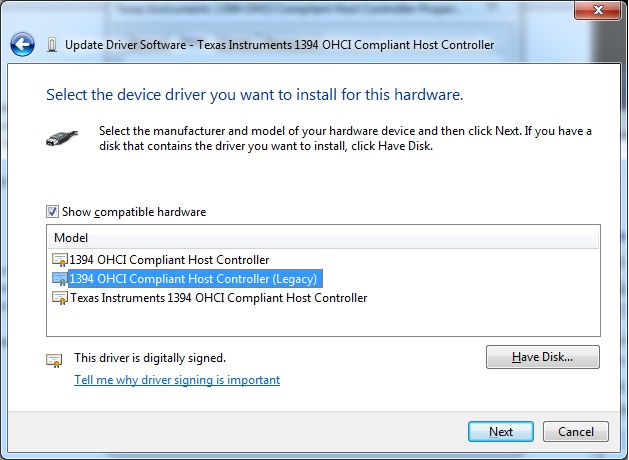 Now select "1394 OHCI Compliant Host Controller (Legacy)" and click Next.